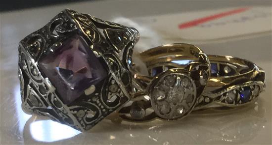 9ct sapphire & diamond eternity ring, small diamond ring (unmarked) & a 9ct gold & silver amethyst ring